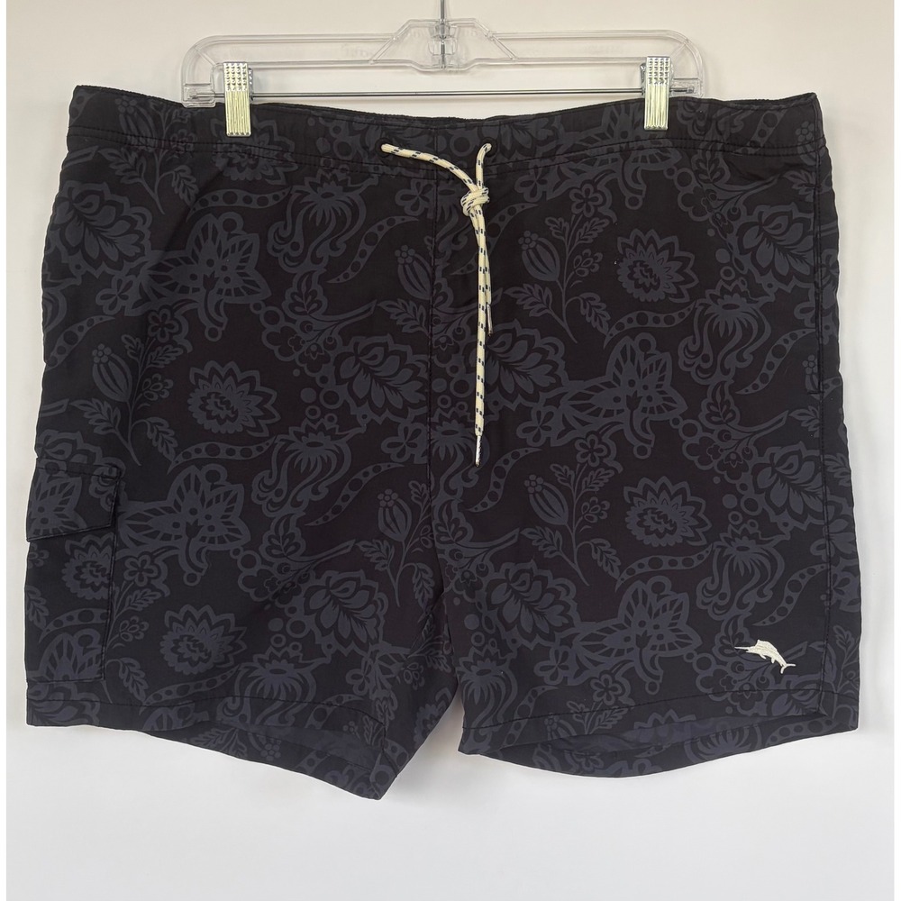 Tommy Bahama Relax Mens Black Floral Paisley Swim Trunks Cargo Pocket Large